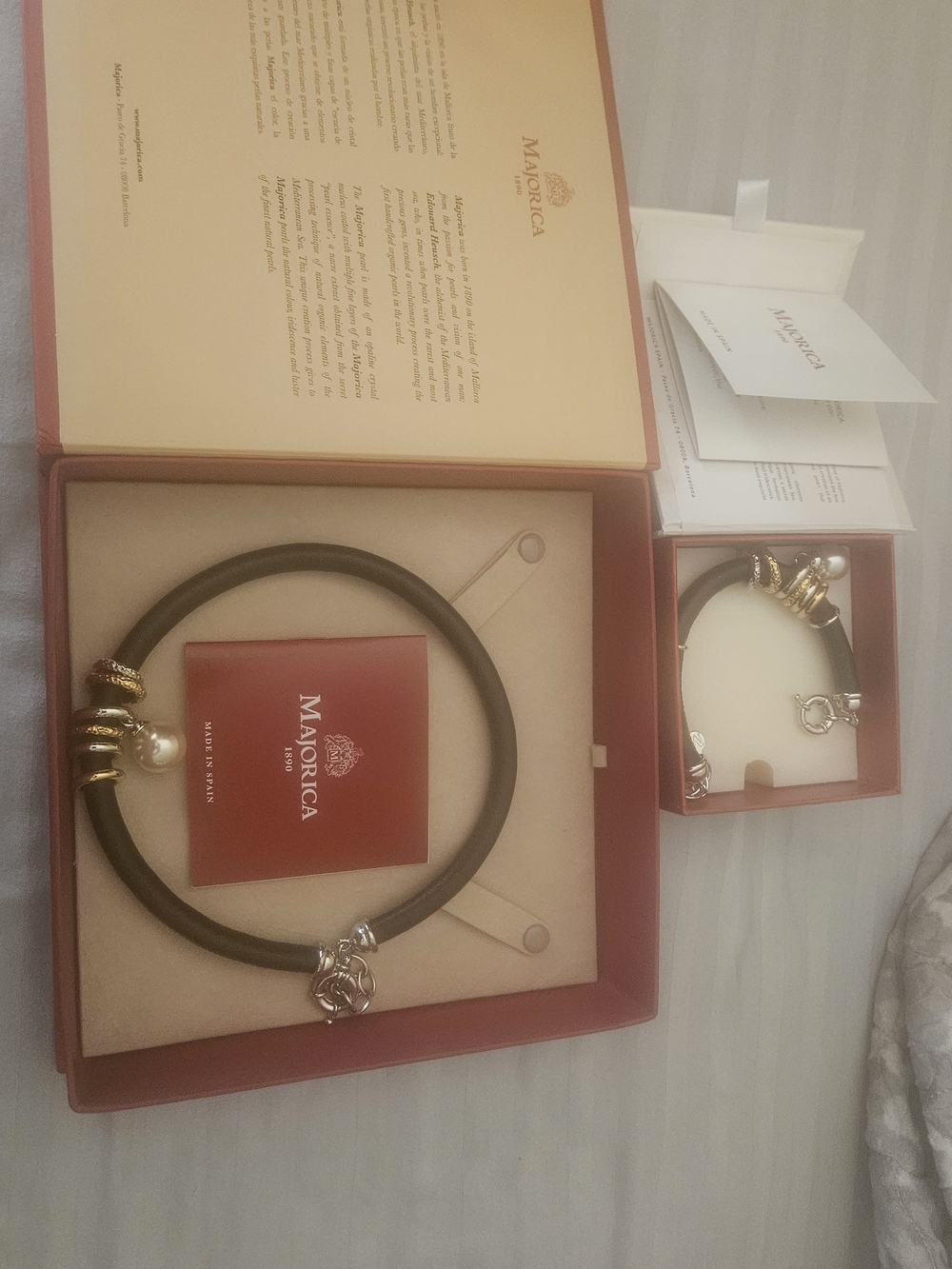 Majorica Black Leather Choker With Dangling Pear And Matching Bracelet